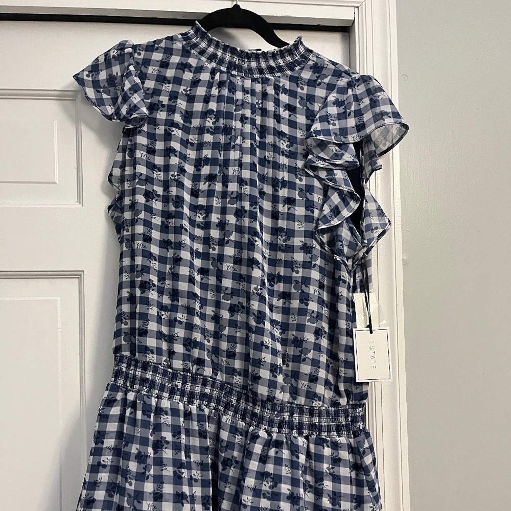 1.STATE Mock Neck Flutter Mini Dress, Blue (Size L)